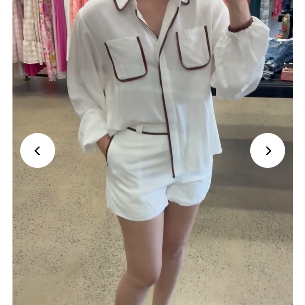 White Women's Top with Brown Trim